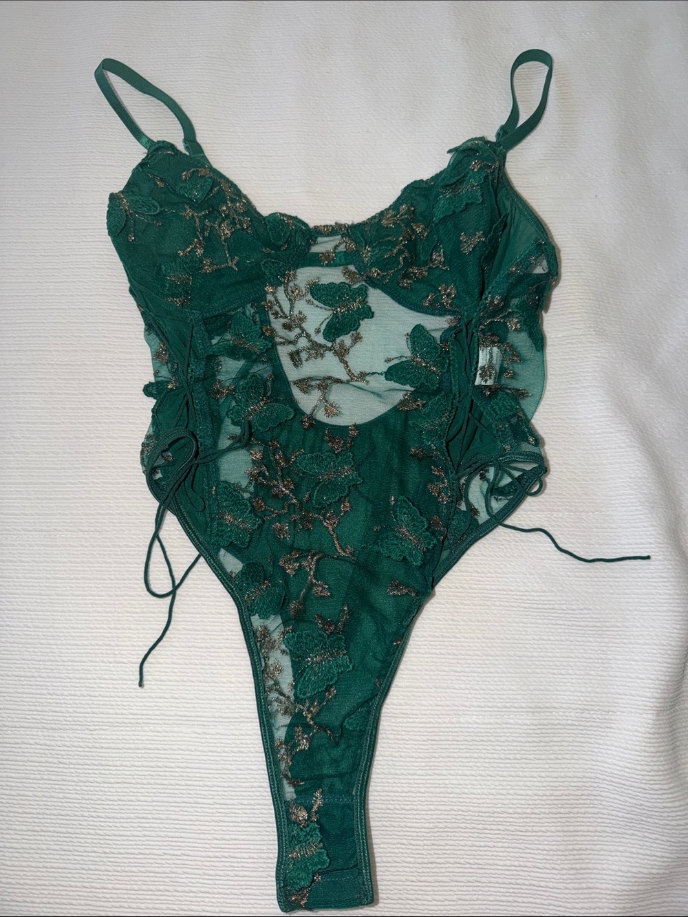 Sheer Green & Gold Lace Embroidered Bodysuit size Medium